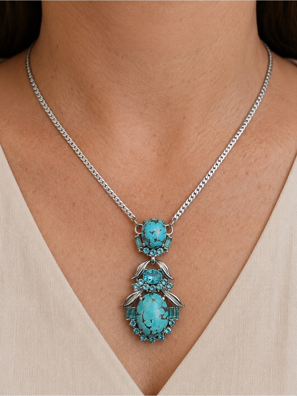 Vintage Signed Hollycraft Turquoise Rhinestone Statement Necklace